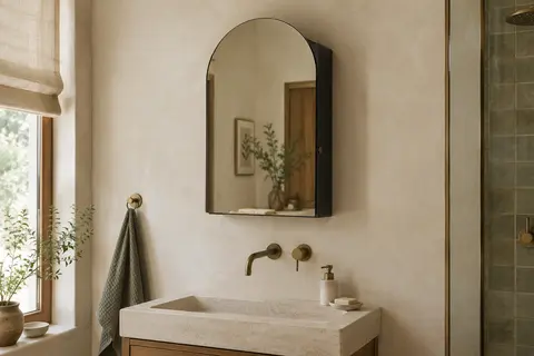 Armoire de toilette noire en arche fixée au mur au-dessus d’un lavabo en pierre claire.