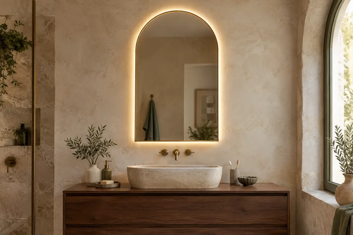Miroir de salle de bain en arche, plus haut que large, à cadre doré et halo lumineux, accroché au-dessus d’un meuble vasque en bois