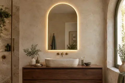 Miroir de salle de bain en arche, plus haut que large, à cadre doré et halo lumineux, accroché au-dessus d’un meuble vasque en bois