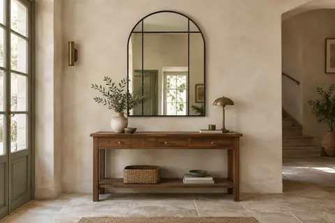 Miroir arqué à cadre métallique noir fixé au-dessus d’une console en bois dans une entrée lumineuse.