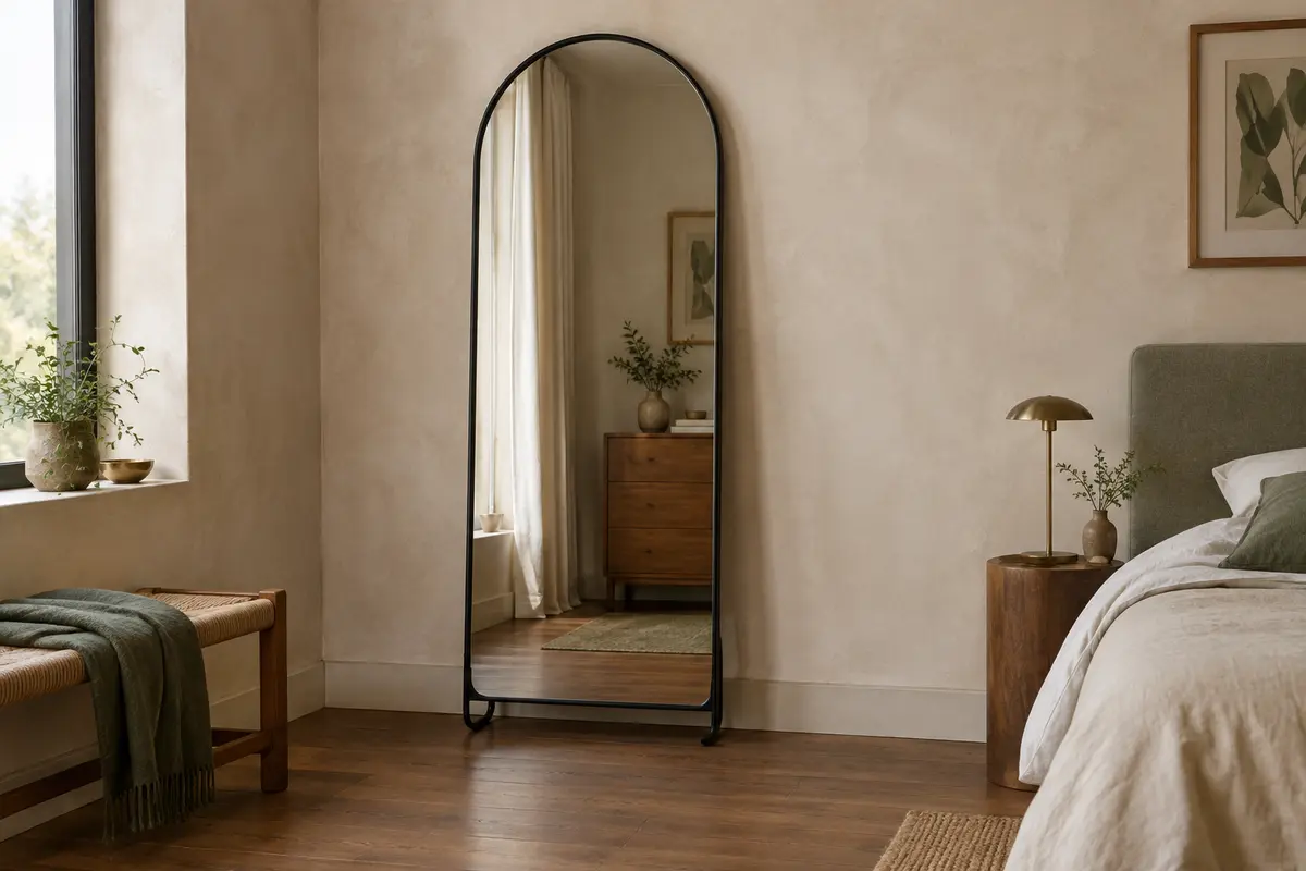 Miroir pleine hauteur en arche avec cadre noir et support, posé dans une chambre lumineuse aux tons crème.