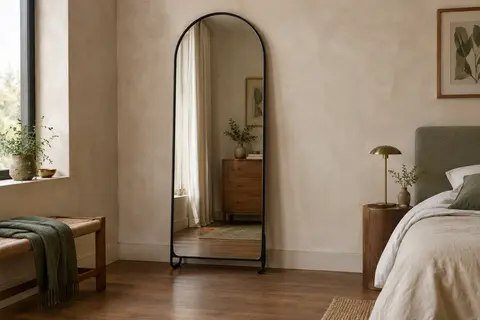 Miroir pleine hauteur en arche avec cadre noir et support, posé dans une chambre lumineuse aux tons crème.