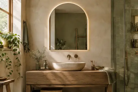 Miroir mural de salle de bain en arche avec éclairage LED intégré, installé sur un mur à la chaux.