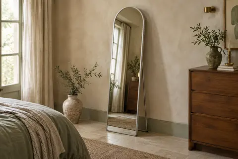 Miroir pleine hauteur en arche argenté, posé sur son chevalet devant un mur clair.