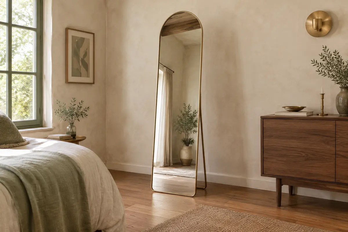 Miroir en arche pleine hauteur au cadre doré clair, posé dans une chambre lumineuse aux tons crème