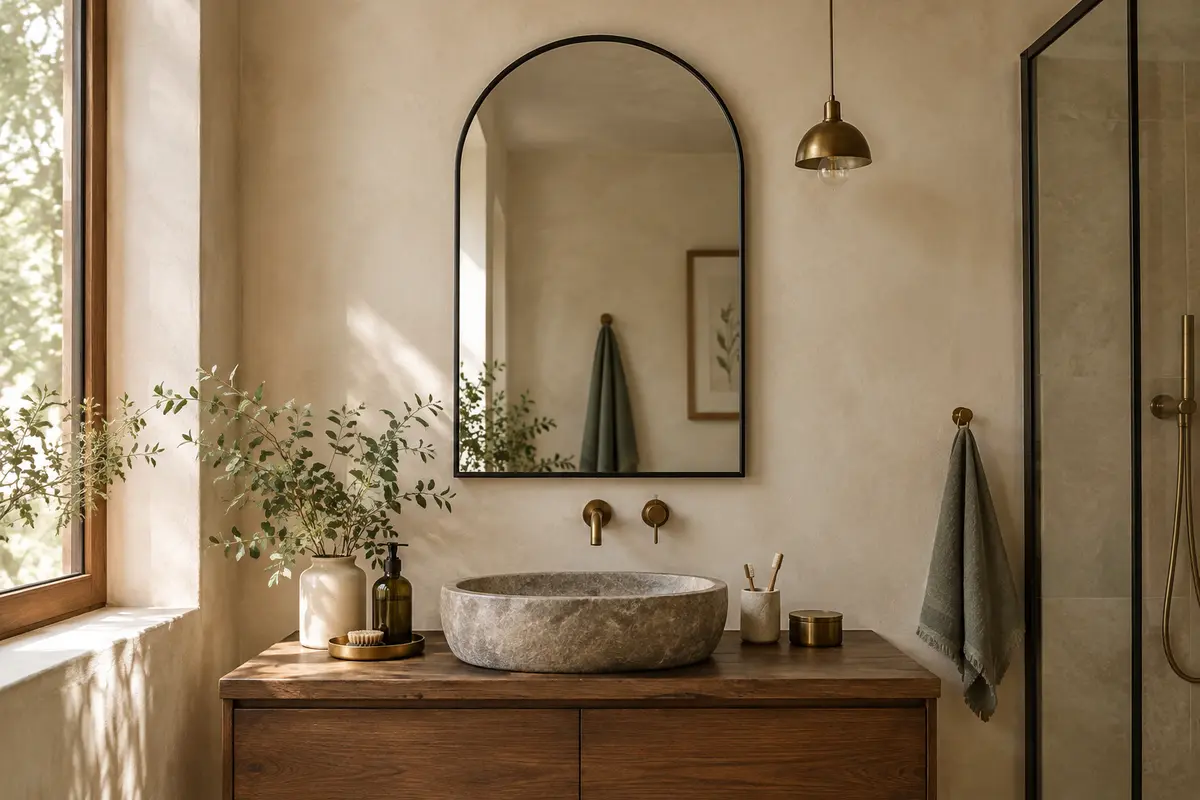 Miroir mural en arche à cadre noir mat installé dans une salle de bain aux matières naturelles.