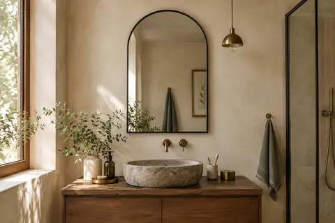 Miroir mural en arche à cadre noir mat installé dans une salle de bain aux matières naturelles.