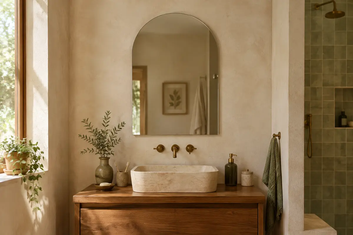 Miroir mural sans cadre en forme d’arche installé au-dessus d’un lavabo dans une salle de bain.