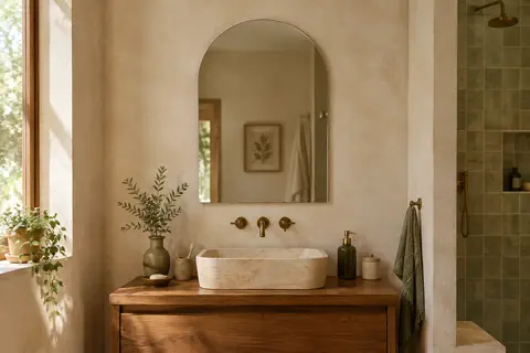 Miroir mural sans cadre en forme d’arche installé au-dessus d’un lavabo dans une salle de bain.
