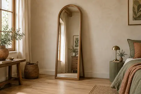 Miroir pleine hauteur en arche avec cadre en bois, posé devant un mur crème dans une chambre lumineuse.
