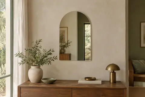 Miroir mural en arche sans cadre fixé sur un mur crème au-dessus d’une console en bois