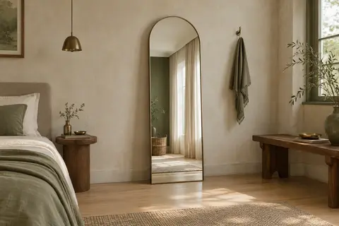 Miroir en arche pleine hauteur posé contre un mur crème dans une chambre lumineuse