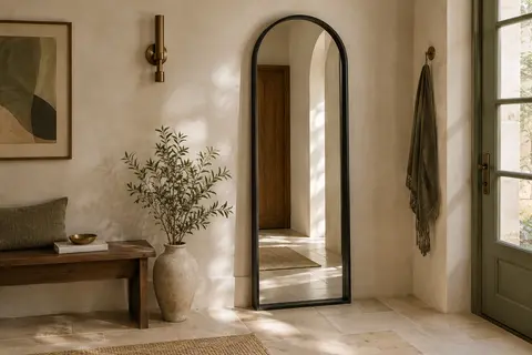 Miroir en arche pleine hauteur au cadre noir, posé contre un mur crème dans une entrée lumineuse.