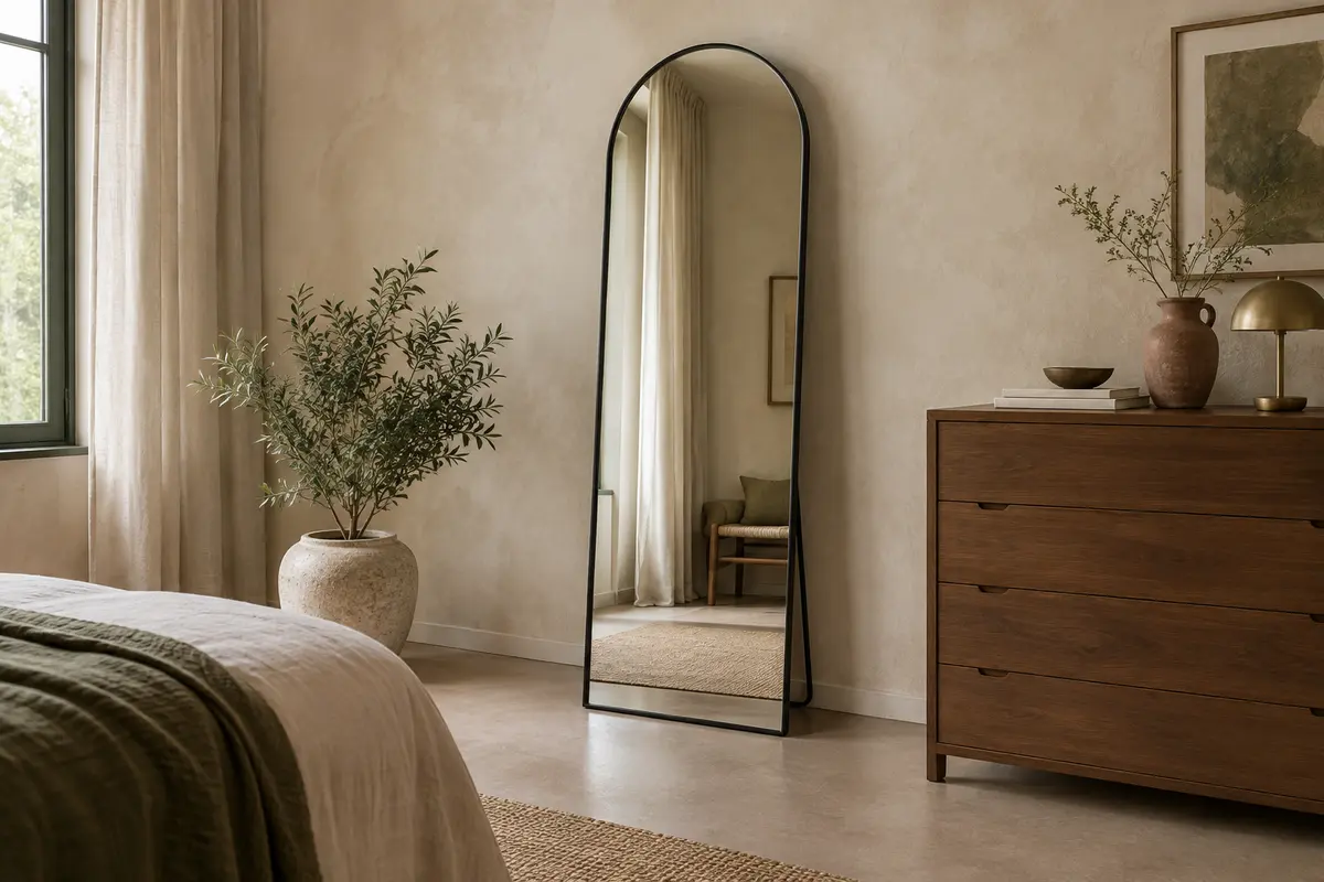 Miroir en arche pleine hauteur à cadre noir, posé sur son support devant un mur crème