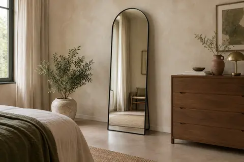 Miroir en arche pleine hauteur à cadre noir, posé sur son support devant un mur crème