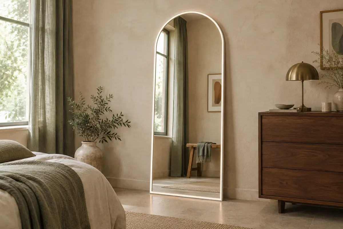 Miroir pleine hauteur en arche avec cadre blanc fin et éclairage LED, installé contre un mur crème