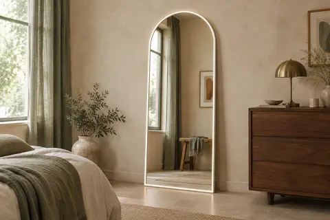 Miroir pleine hauteur en arche avec cadre blanc fin et éclairage LED, installé contre un mur crème